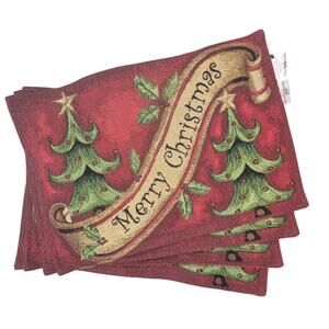 Four Vintage Merry Christmas Woven Tapestry Placemats 18x13" Red Green Gold
